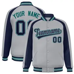 Gray Navy Color Block Raglan Full-Snap Varsity Letterman Jacket