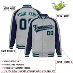 Gray Navy Color Block Raglan Full-Snap Varsity Letterman Jacket 2