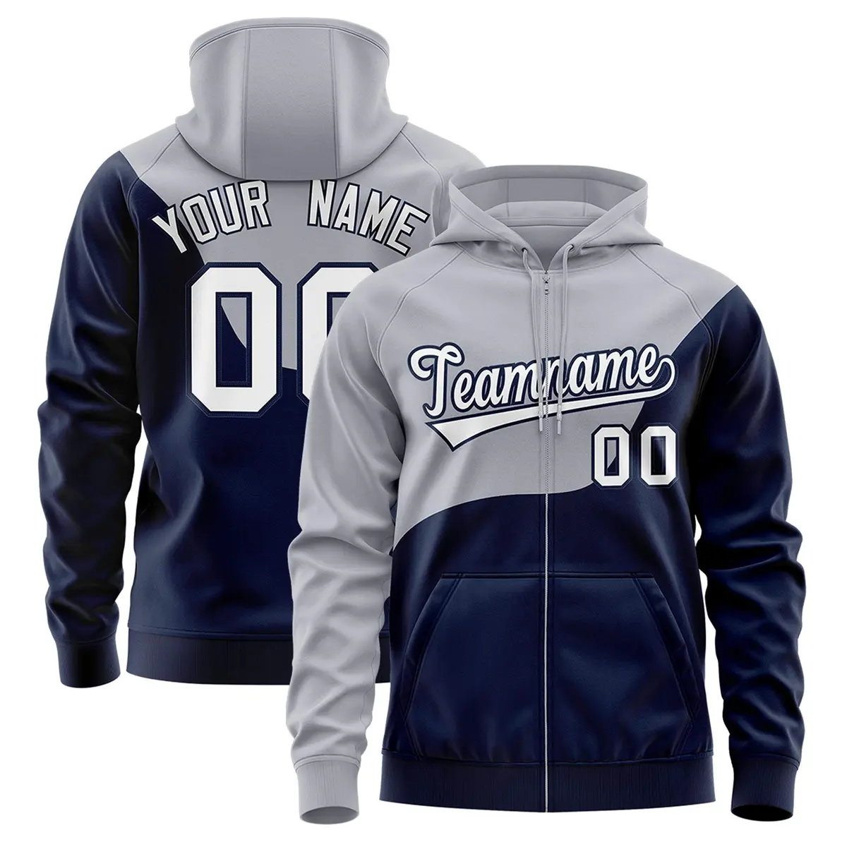 Gray Navy Color Block Wave Varsity Full-Zip Letterman Jacket Hoodie