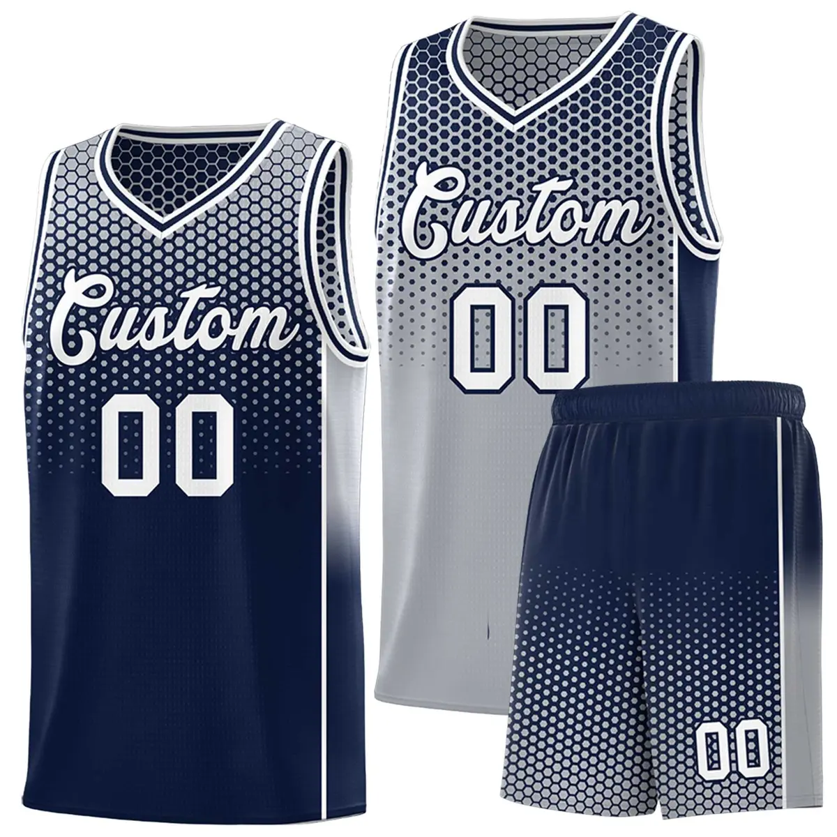 Gray Navy Dot Pattern Side Gradient Reversible Basketball Jersey Kits
