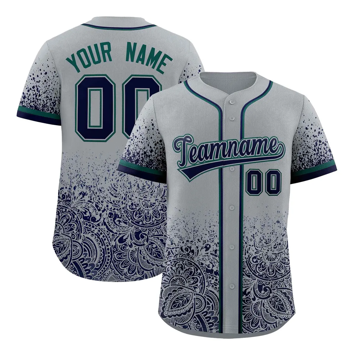 Gray Navy Floral Gradient Full Button Baseball Jersey