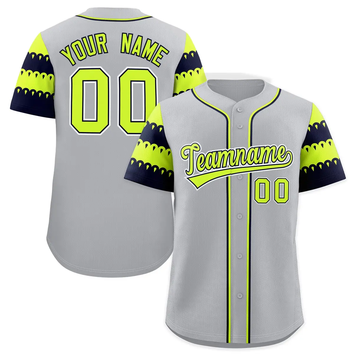 Gray Navy Fluorescent Green Flag Lace Sleeve Baseball Jersey