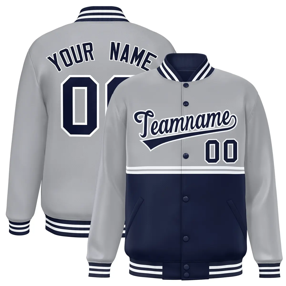 Gray Navy Full-Snap Color Block Varsity Letterman Jacket