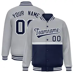 Gray Navy Full-Snap Color Block Varsity Letterman Jacket