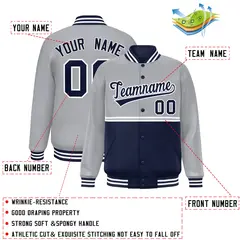 Gray Navy Full-Snap Color Block Varsity Letterman Jacket 2