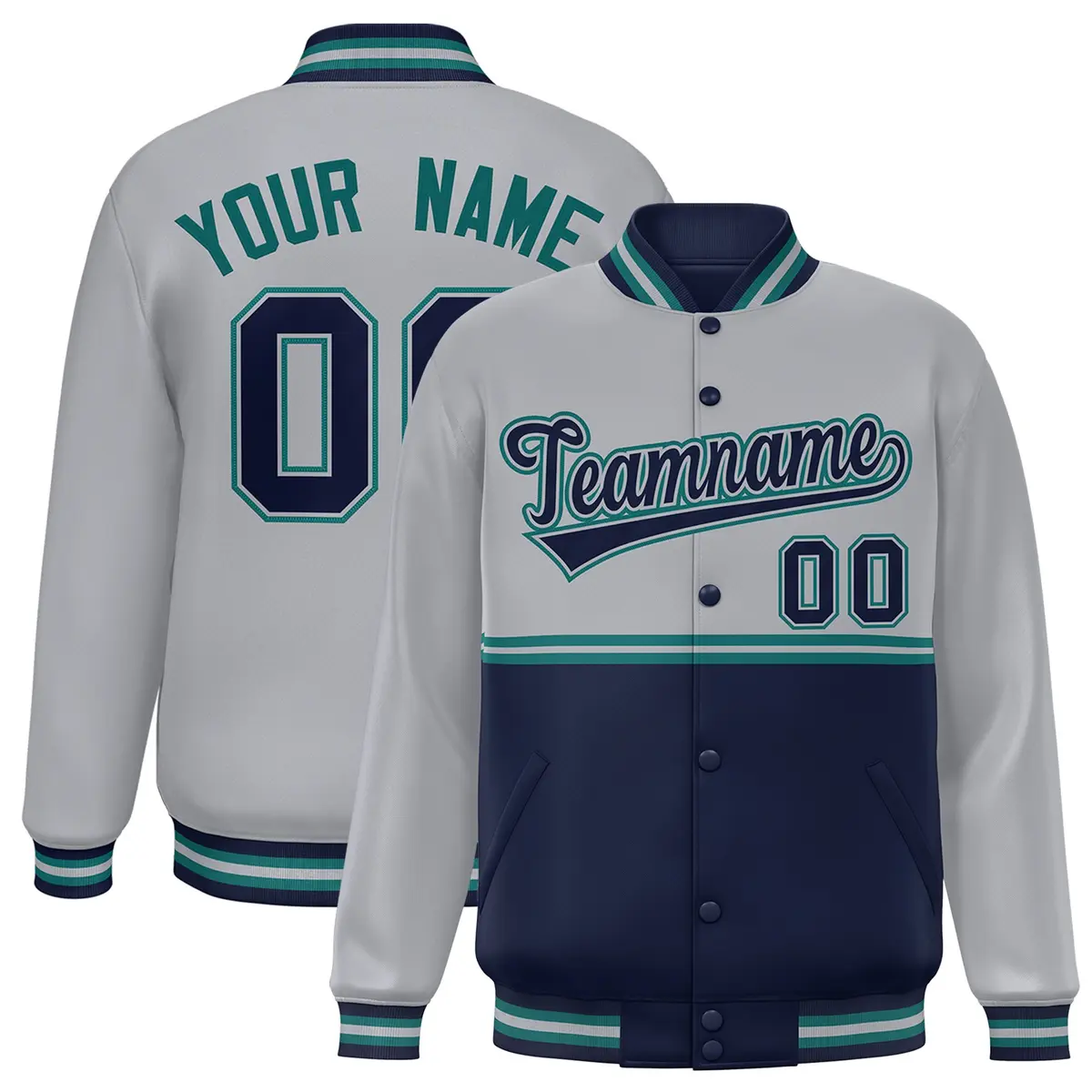 Gray Navy Full-Snap Color Block Varsity Letterman Jacket