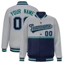 Gray Navy Full-Snap Color Block Varsity Letterman Jacket