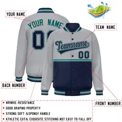 Gray Navy Full-Snap Color Block Varsity Letterman Jacket 2