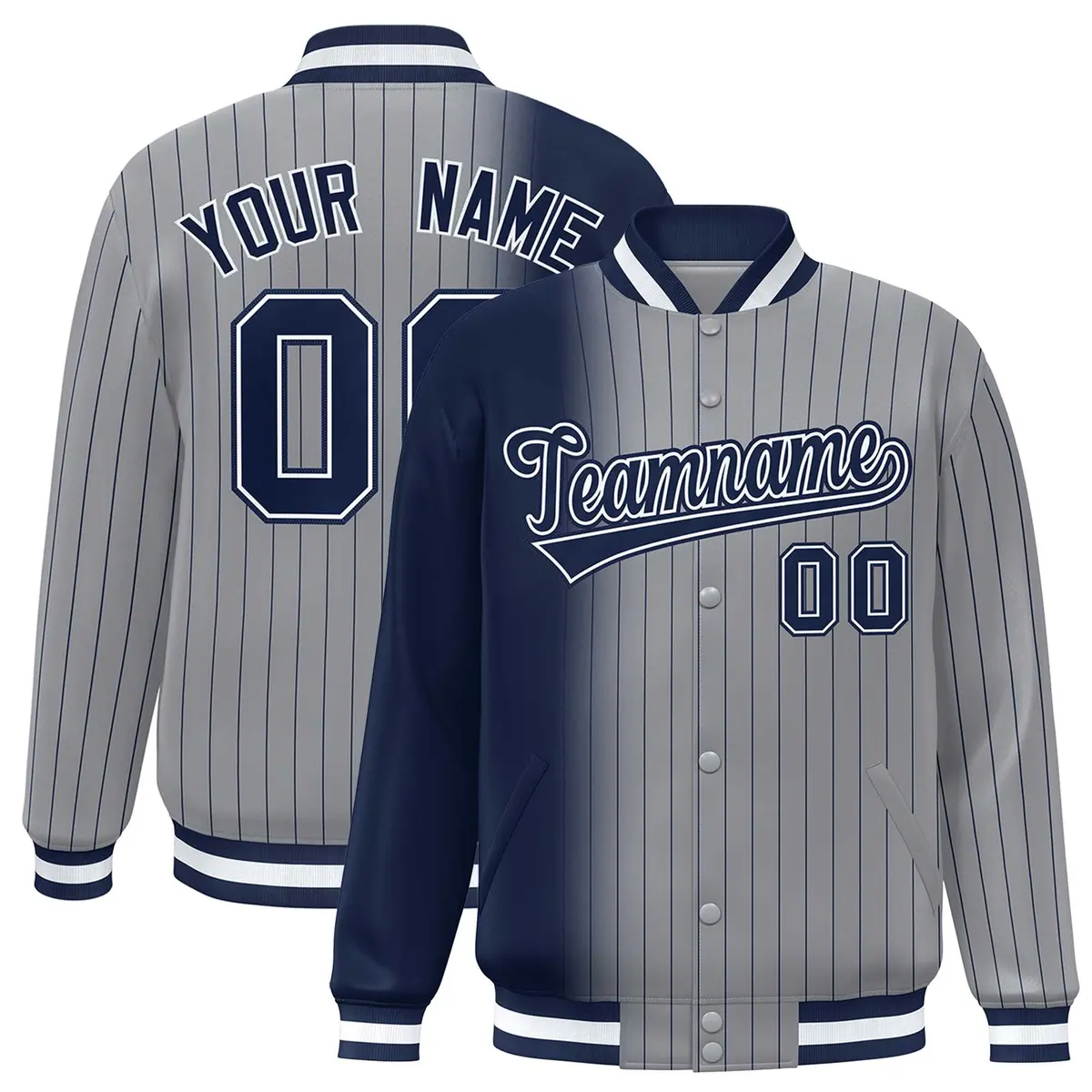 Gray Navy Gradient Pinstripe Full-Snap Letterman Jacket