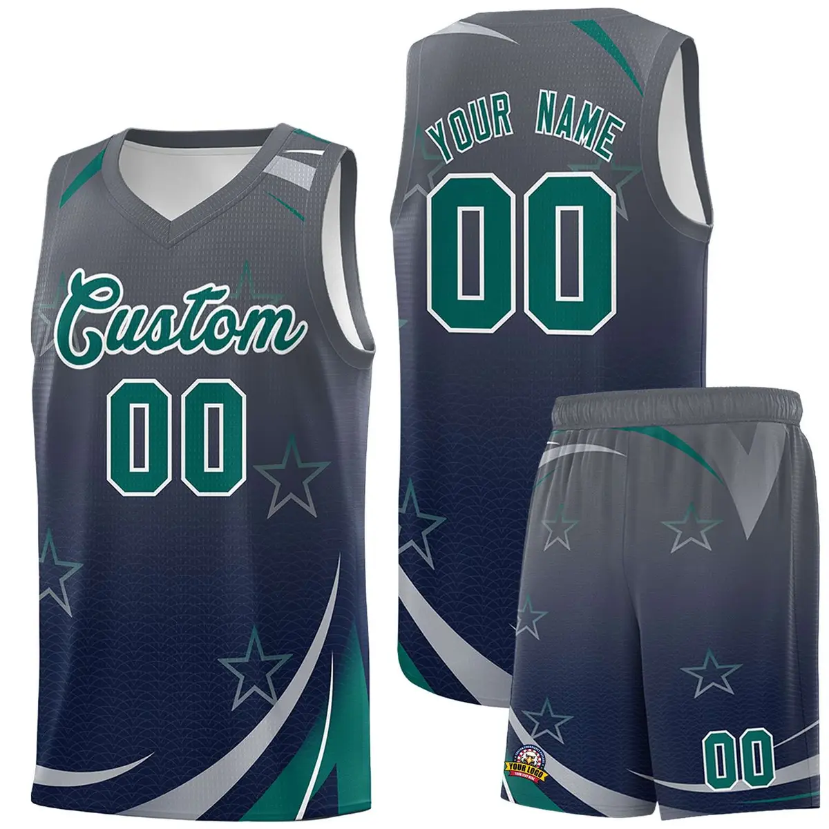 Gray Navy Gradient Star Graffiti Basketball Jersey