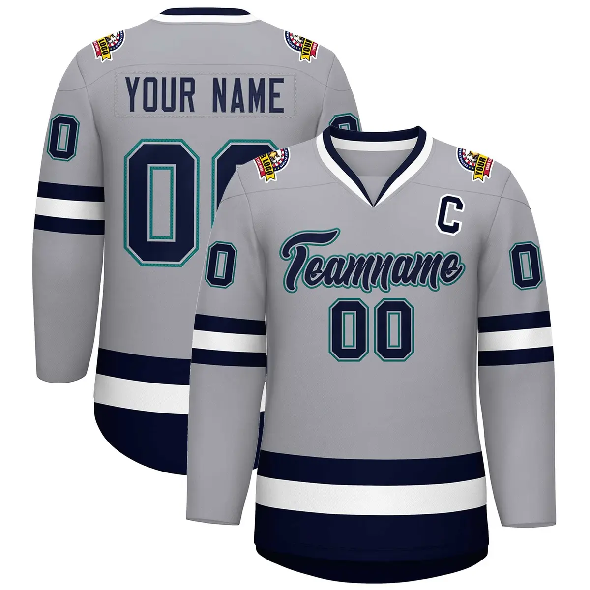 Gray Navy Gray-Aqua Classic Style Hockey Jersey