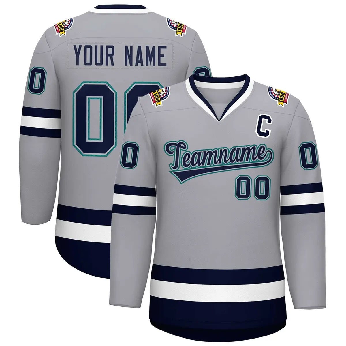 Gray Navy Gray-Aqua Classic Style Hockey Jersey