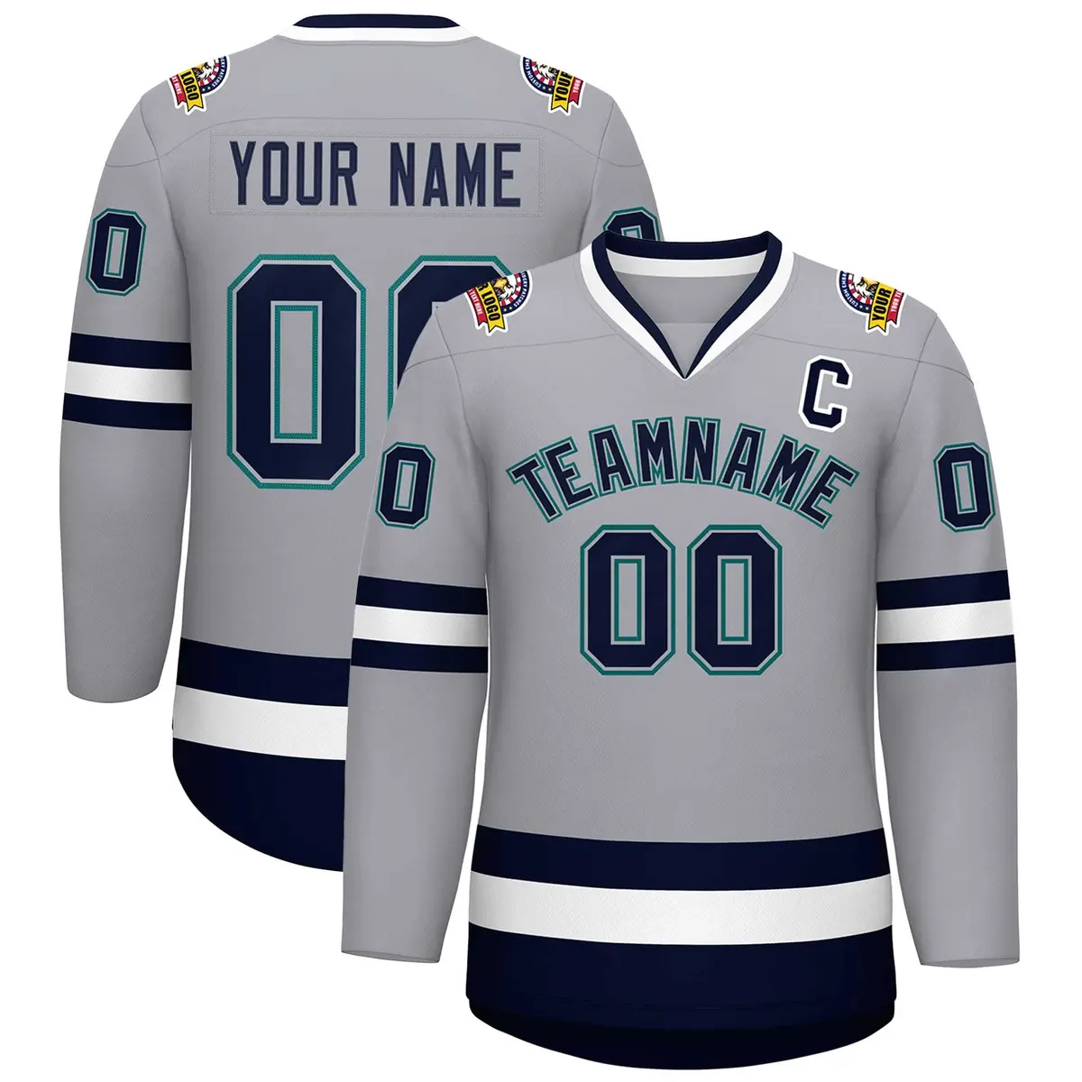 Gray Navy Gray-Aqua Classic Style Hockey Jersey