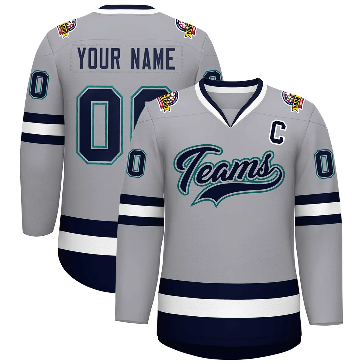 Gray Navy Gray-Aqua Classic Style Hockey Jersey