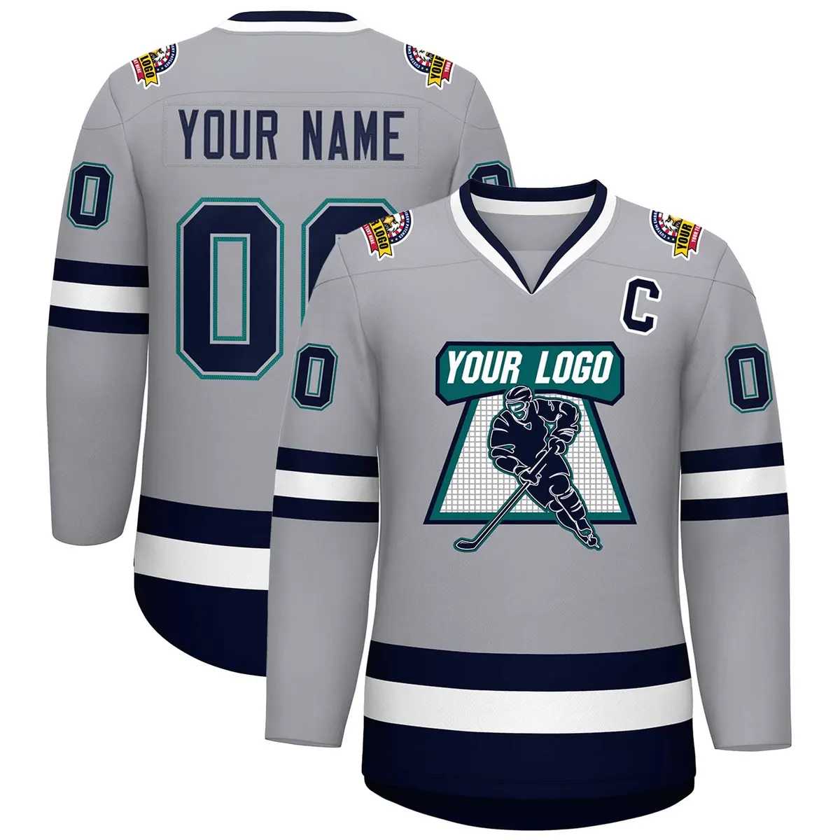 Gray Navy Gray-Aqua Classic Style Hockey Jersey