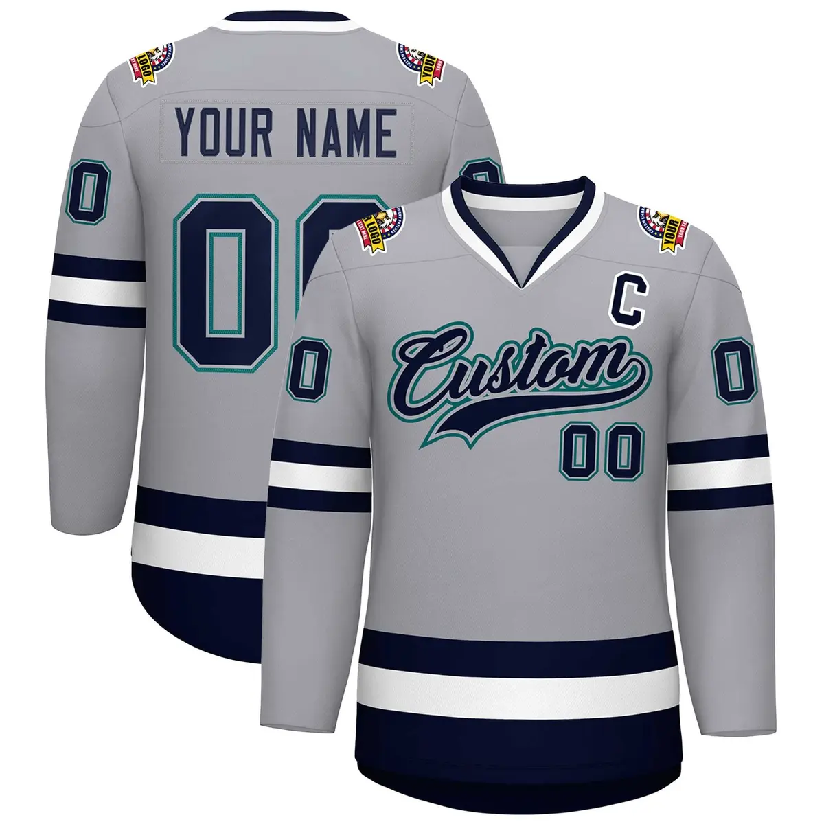 Gray Navy Gray-Aqua Classic Style Hockey Jersey