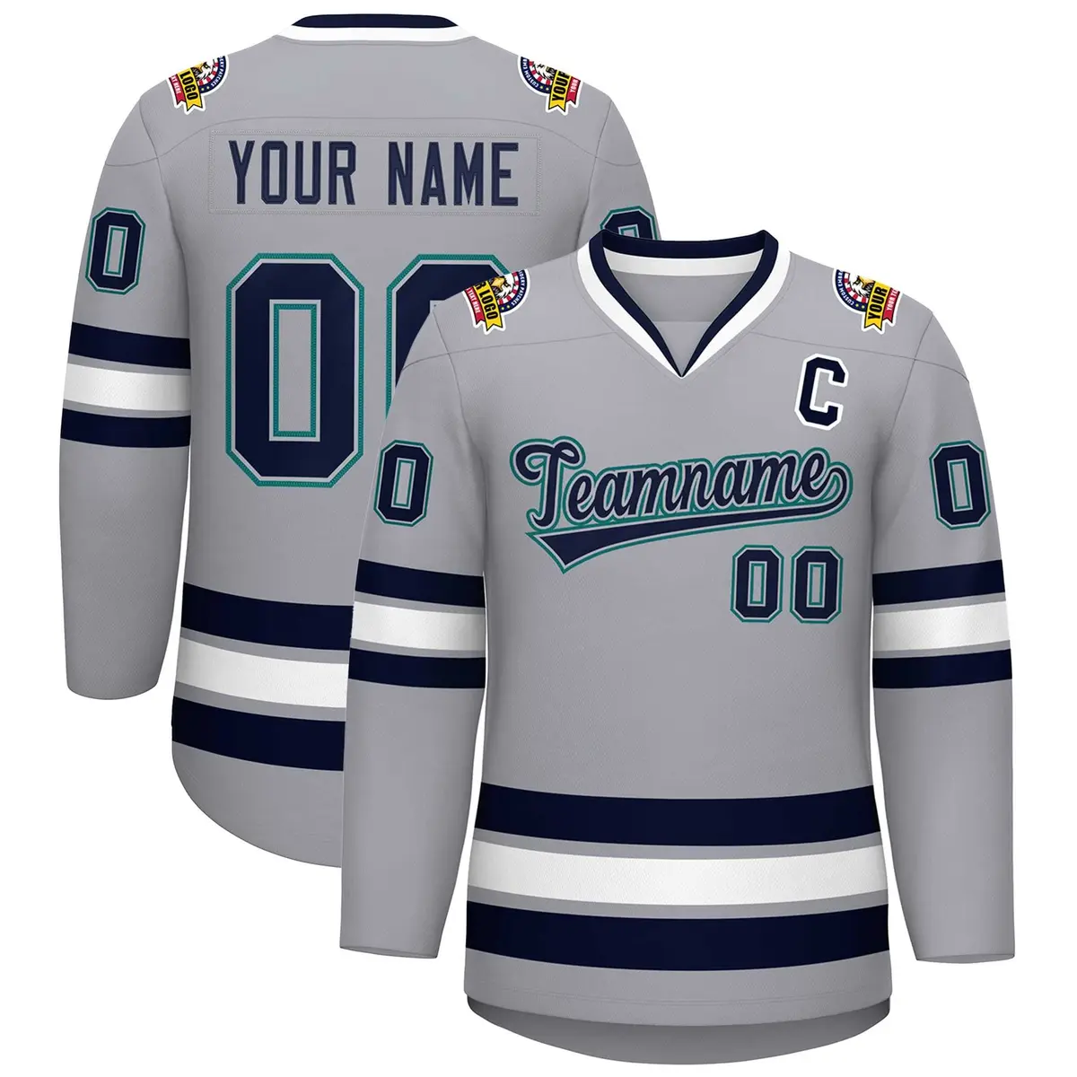 Gray Navy Gray-Aqua Classic Style Hockey Jersey