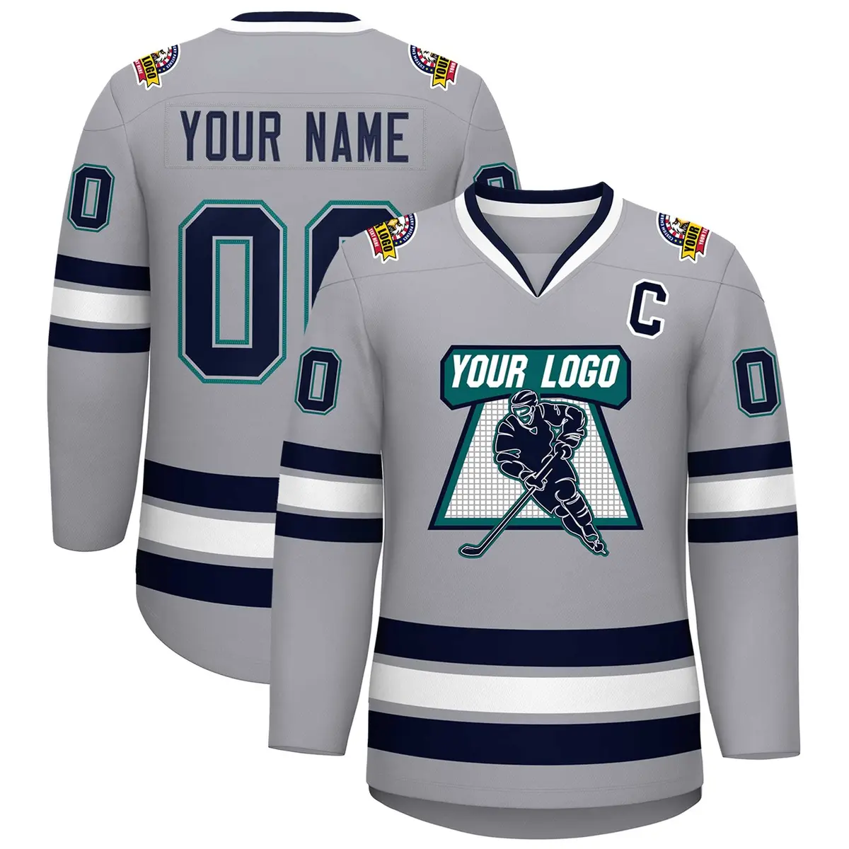 Gray Navy Gray-Aqua Classic Style Hockey Jersey