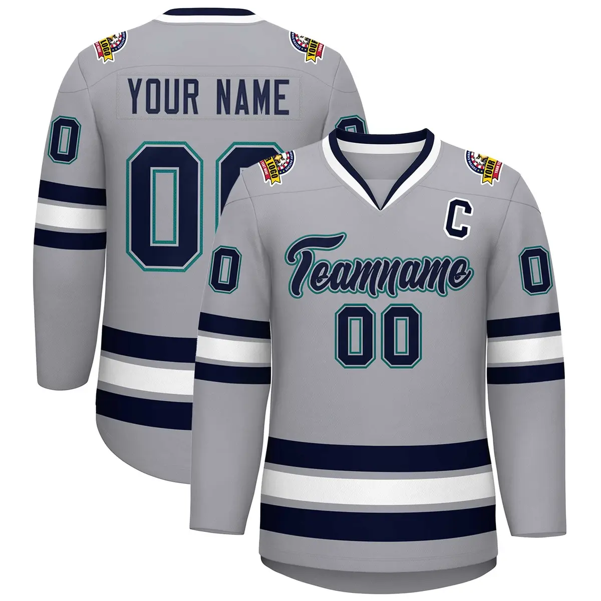 Gray Navy Gray-Aqua Classic Style Hockey Jersey