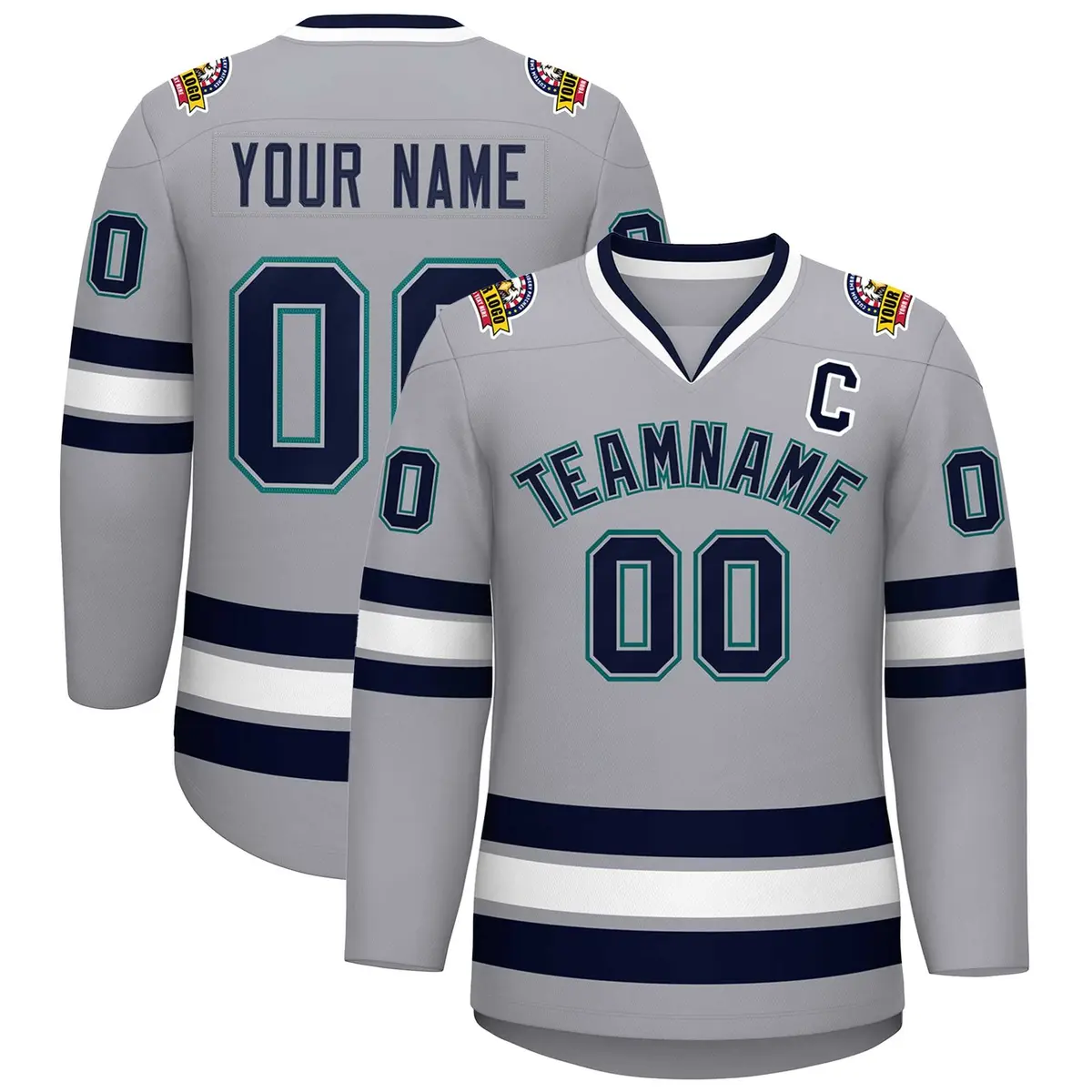 Gray Navy Gray-Aqua Classic Style Hockey Jersey