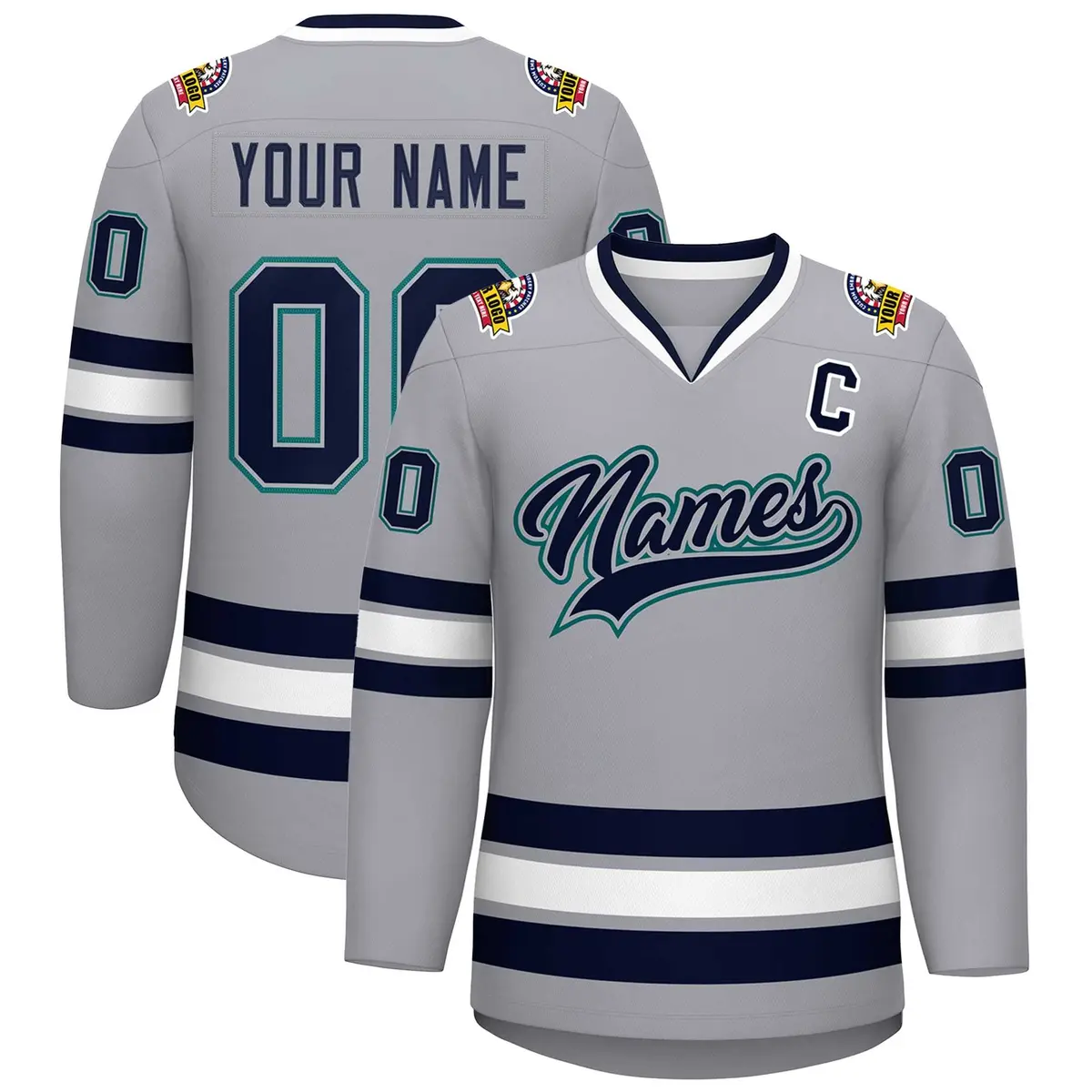 Gray Navy Gray-Aqua Classic Style Hockey Jersey