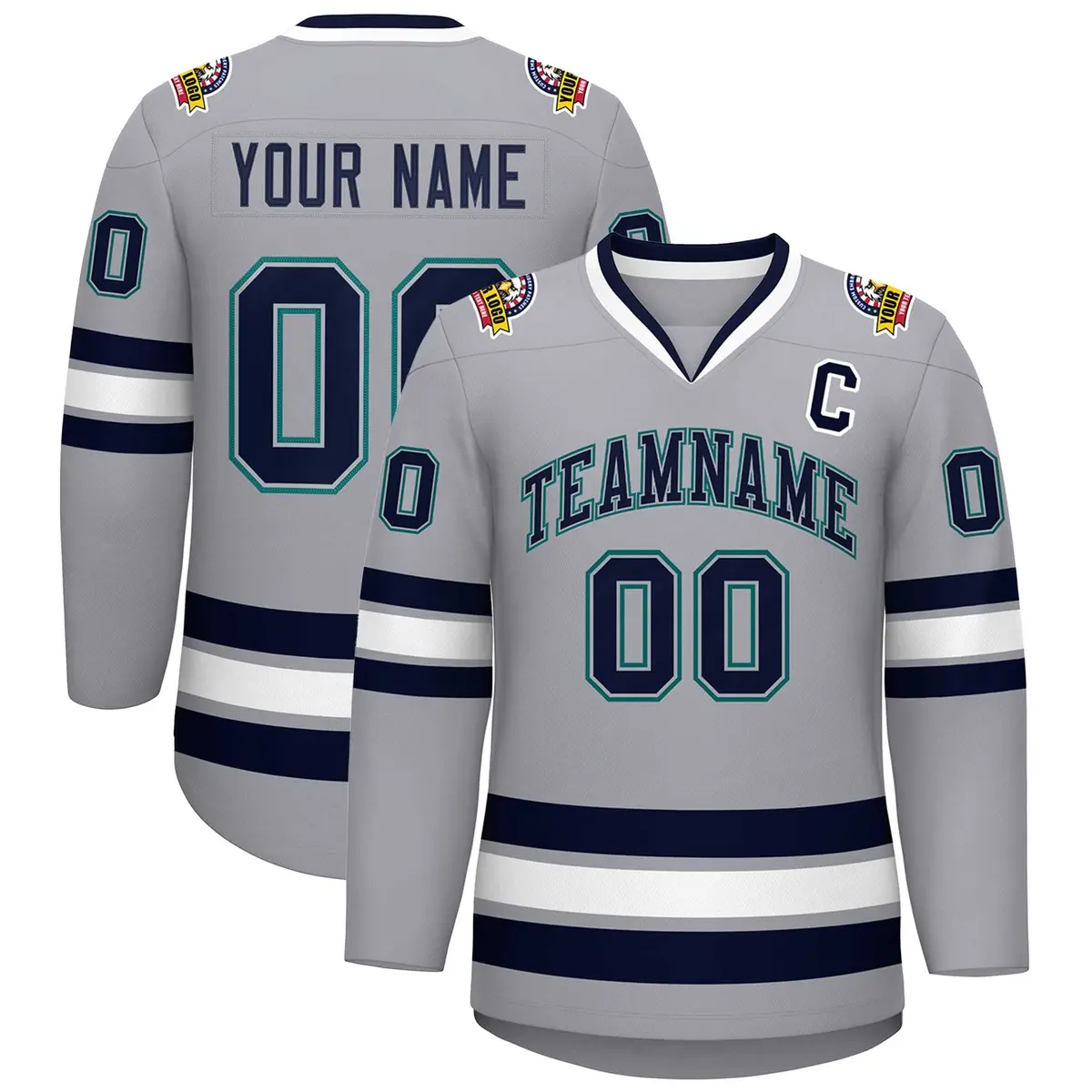Gray Navy Gray-Aqua Classic Style Hockey Jersey