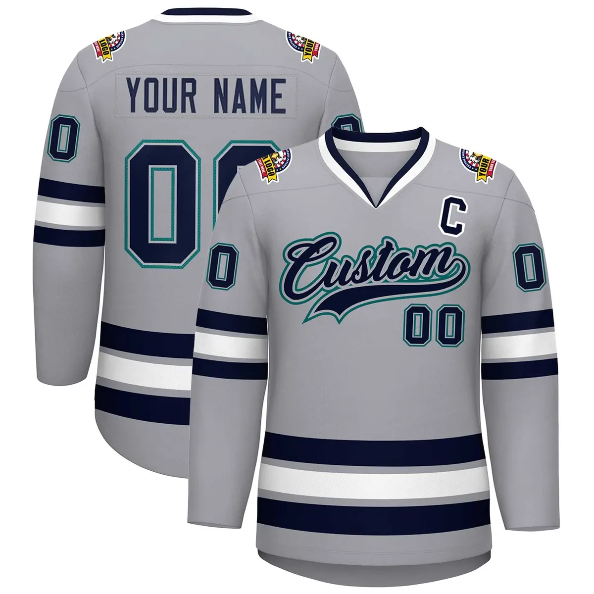 Gray Navy Gray-Aqua Classic Style Hockey Jersey
