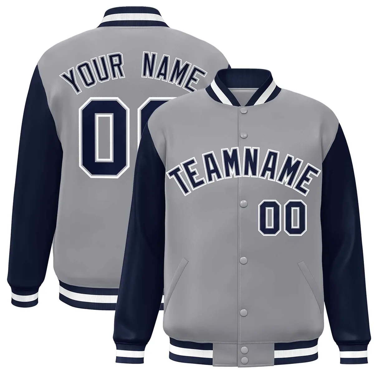 Gray Navy-Gray Raglan Varsity Full-Snap Letterman Jacket