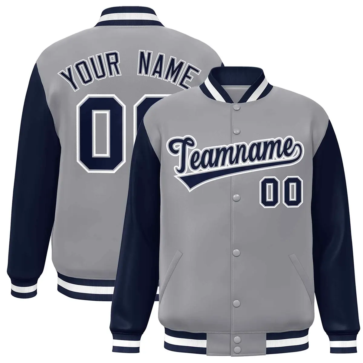 Gray Navy-Gray Raglan Varsity Full-Snap Letterman Jacket
