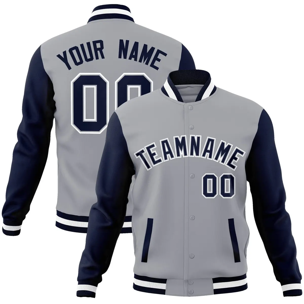 Gray Navy-Gray Raglan Varsity Full-Snap Letterman Jacket