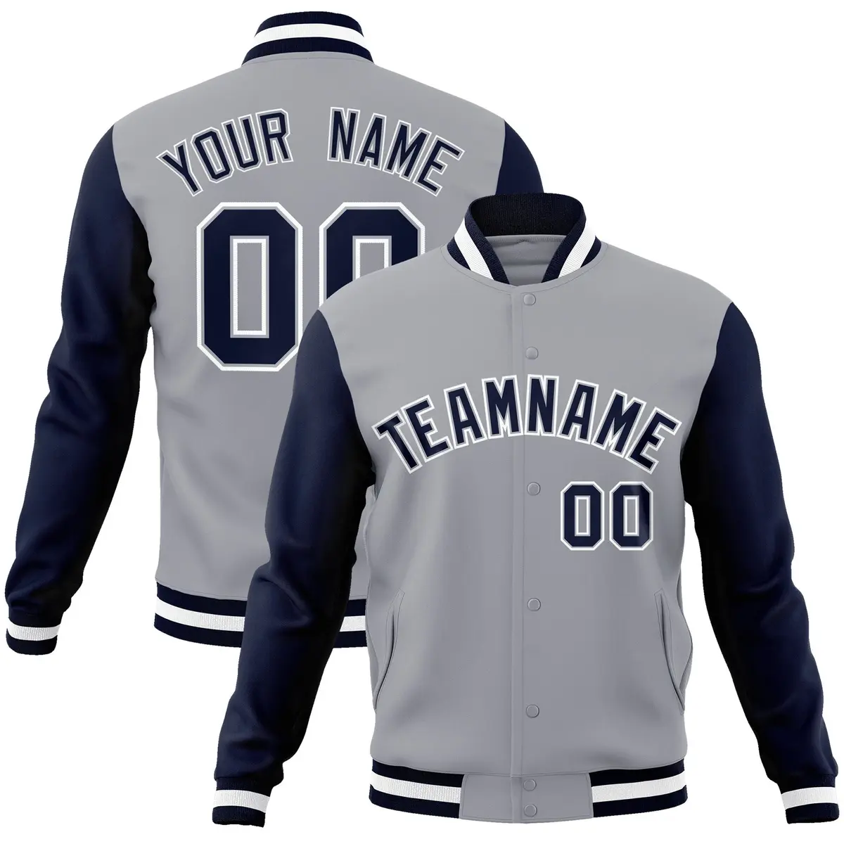 Gray Navy-Gray Raglan Varsity Full-Snap Letterman Jacket