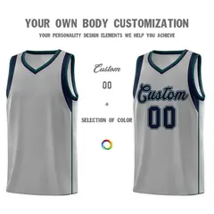 Gray Navy Green Sleeve Color Block Classic Basketball Jersey 3
