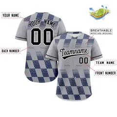 Gray Navy Grid Speckles Color Block Baseball Jersey 2