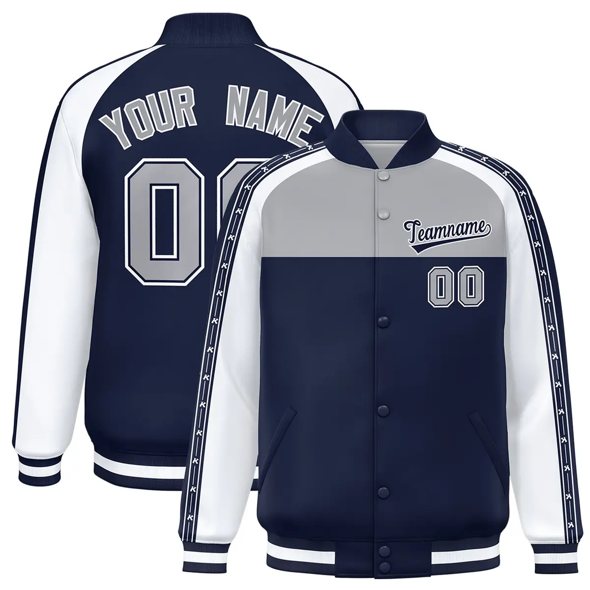 Gray Navy K-Ribbon Raglan Color Block Varsity Letterman Jacket