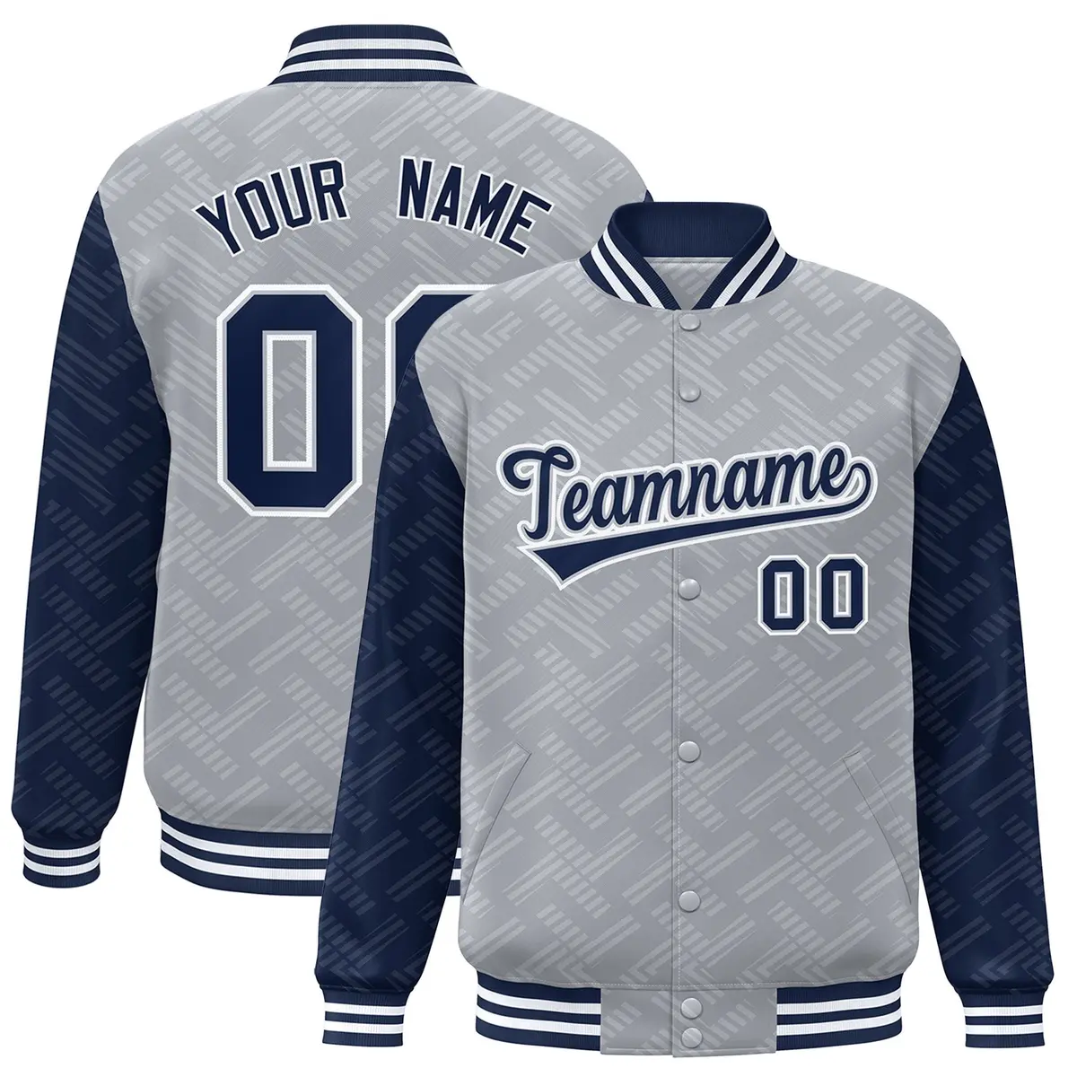 Gray Navy L Pattern Full-Snap Raglan Letterman Baseball Jacket