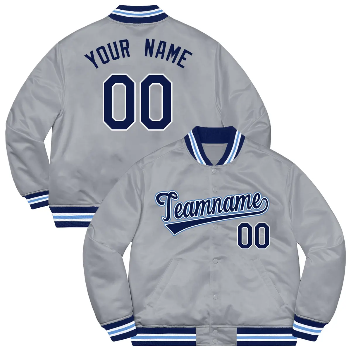 Gray Navy-Light Blue Full-Snap Varsity Letterman Jacket