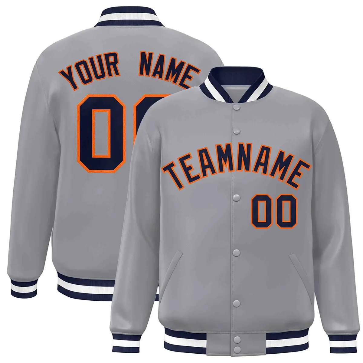 Gray Navy-Orange Classic Varsity Full-Snap Letterman Jacket