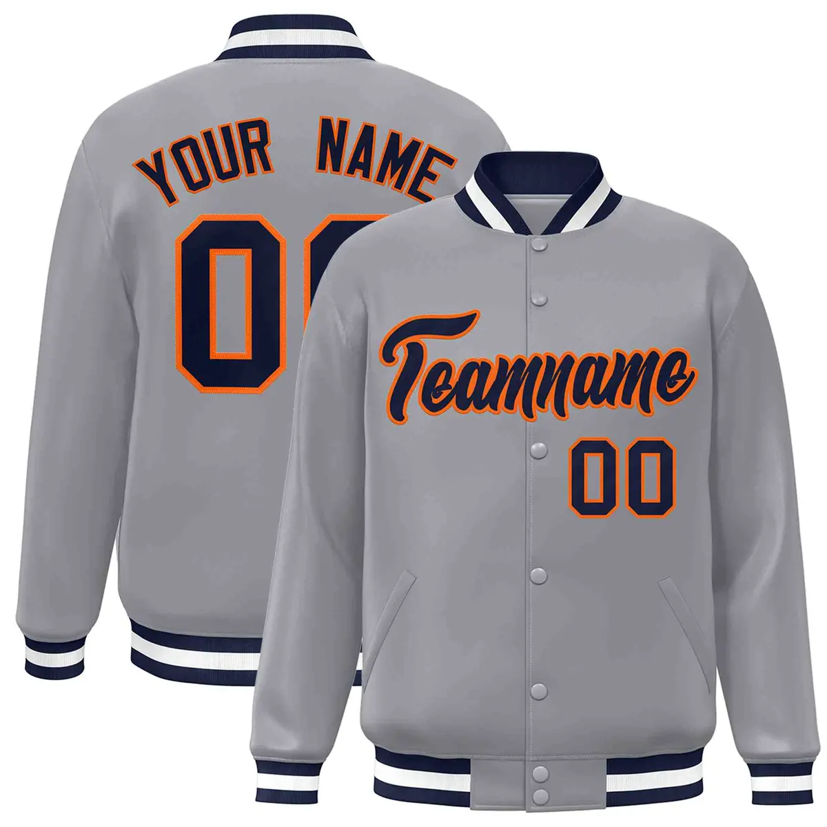 Gray Navy-Orange Classic Varsity Full-Snap Letterman Jacket