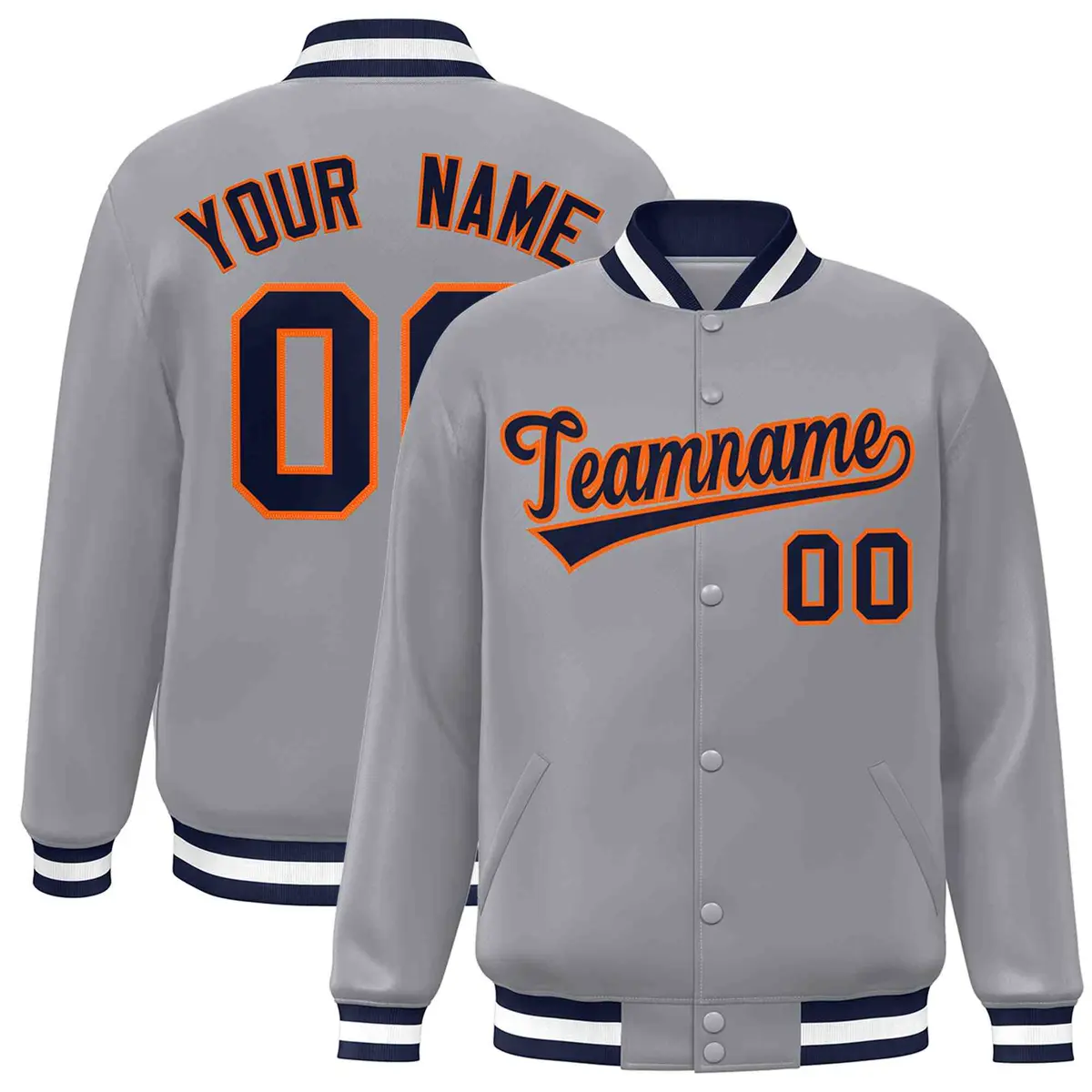 Gray Navy-Orange Classic Varsity Full-Snap Letterman Jacket