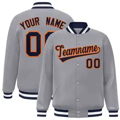 Gray Navy-Orange Classic Varsity Full-Snap Letterman Jacket 1
