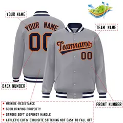 Gray Navy-Orange Classic Varsity Full-Snap Letterman Jacket 2