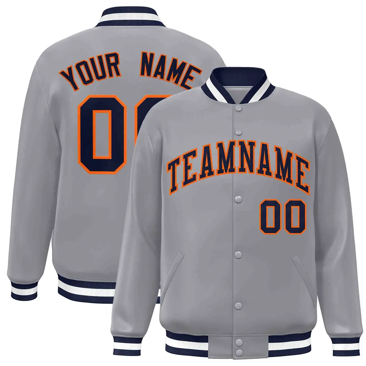 Gray Navy-Orange Classic Varsity Full-Snap Letterman Jacket
