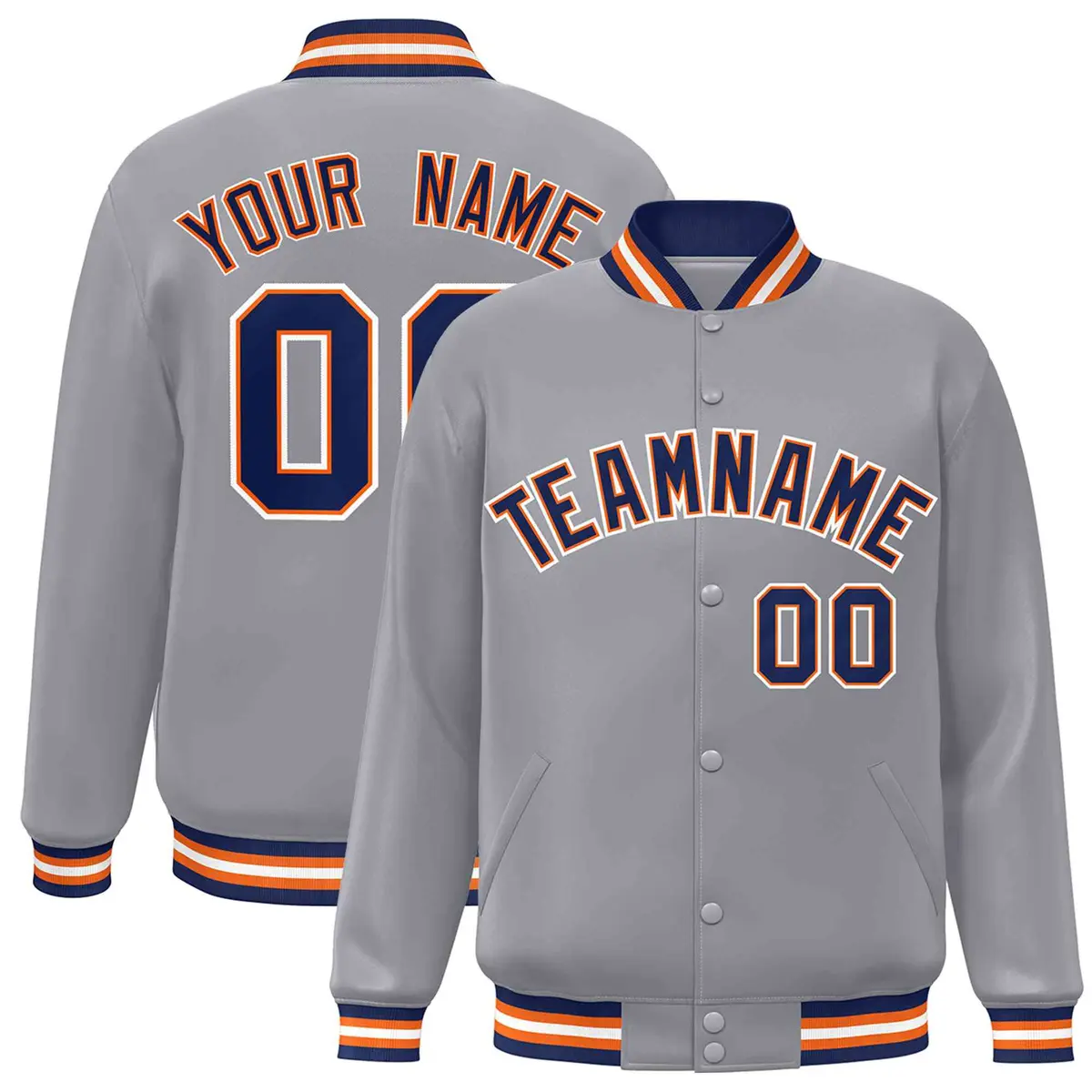 Gray Navy-Orange Classic Varsity Full-Snap Letterman Jacket