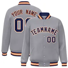 Gray Navy-Orange Classic Varsity Full-Snap Letterman Jacket