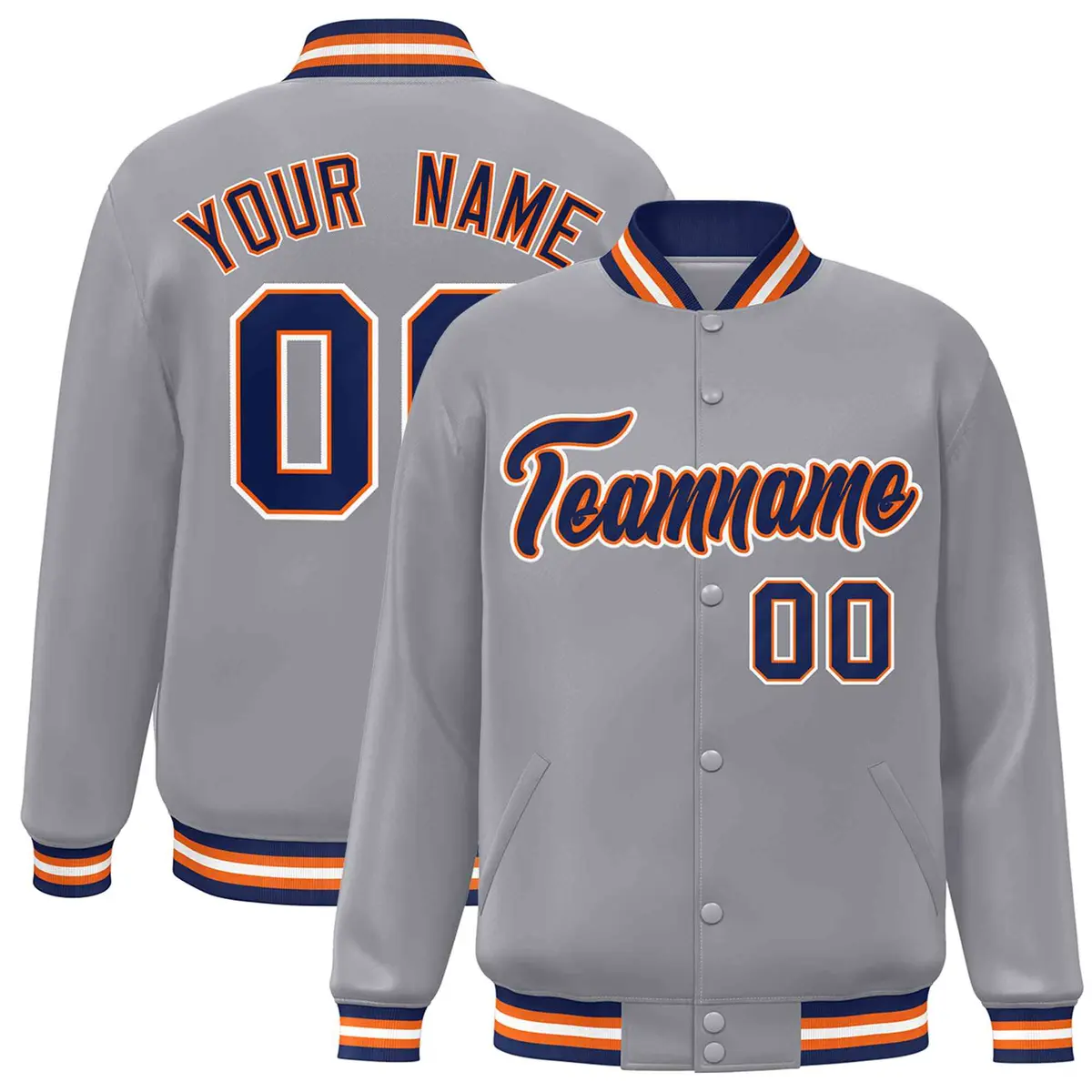 Gray Navy-Orange Classic Varsity Full-Snap Letterman Jacket