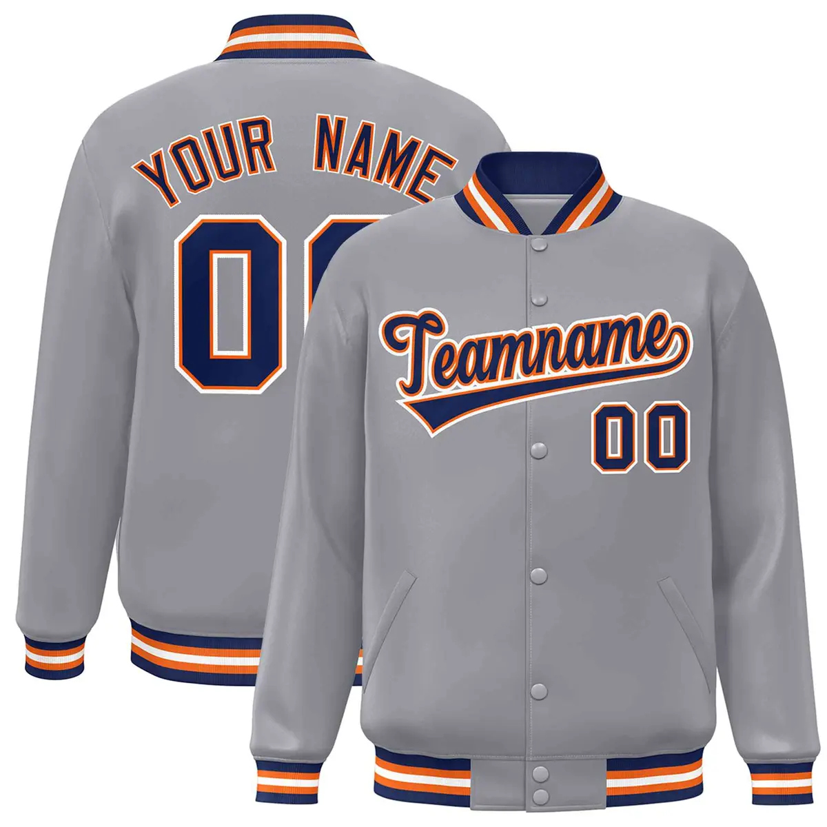 Gray Navy-Orange Classic Varsity Full-Snap Letterman Jacket