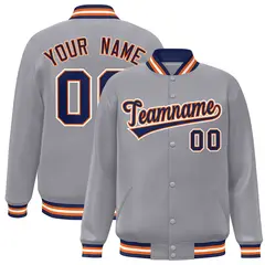Gray Navy-Orange Classic Varsity Full-Snap Letterman Jacket 1