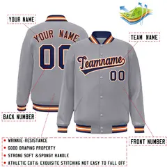 Gray Navy-Orange Classic Varsity Full-Snap Letterman Jacket 2