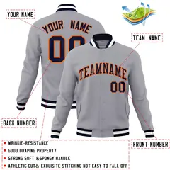 Gray Navy-Orange Classic Varsity Full-Snap Letterman Jacket 4