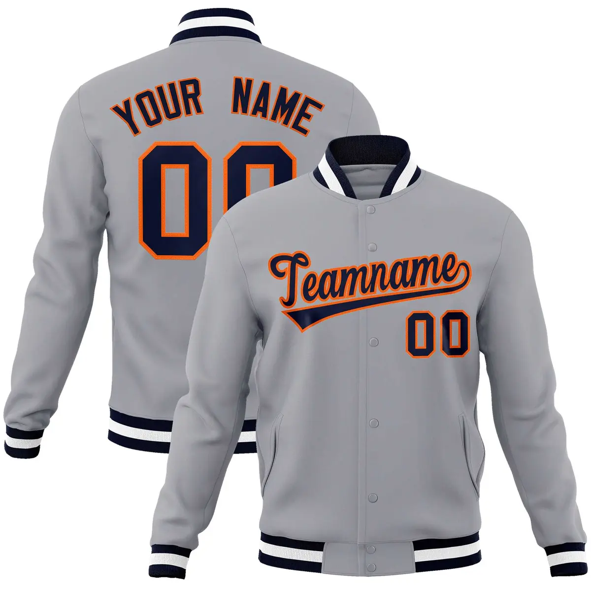 Gray Navy-Orange Classic Varsity Full-Snap Letterman Jacket